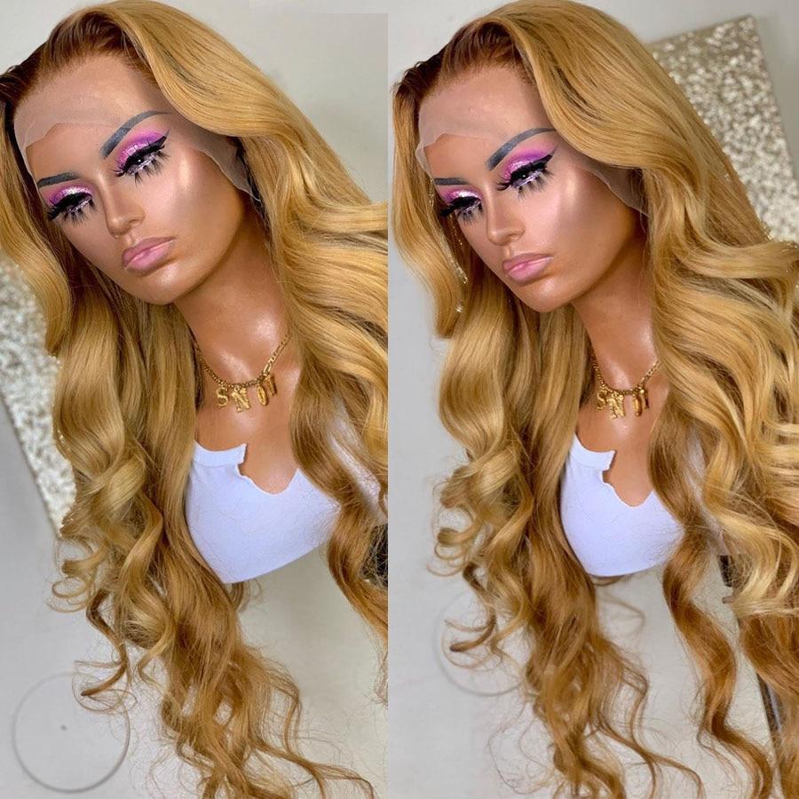 Body Wave 13x6 lace frontal wigs #27 colored honey blonde HD lace human hair wigs pre-plucked with baby hair